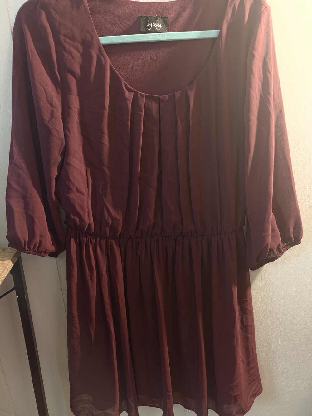 by & by Wine Burgundy Pleated Long Sleeve Dress